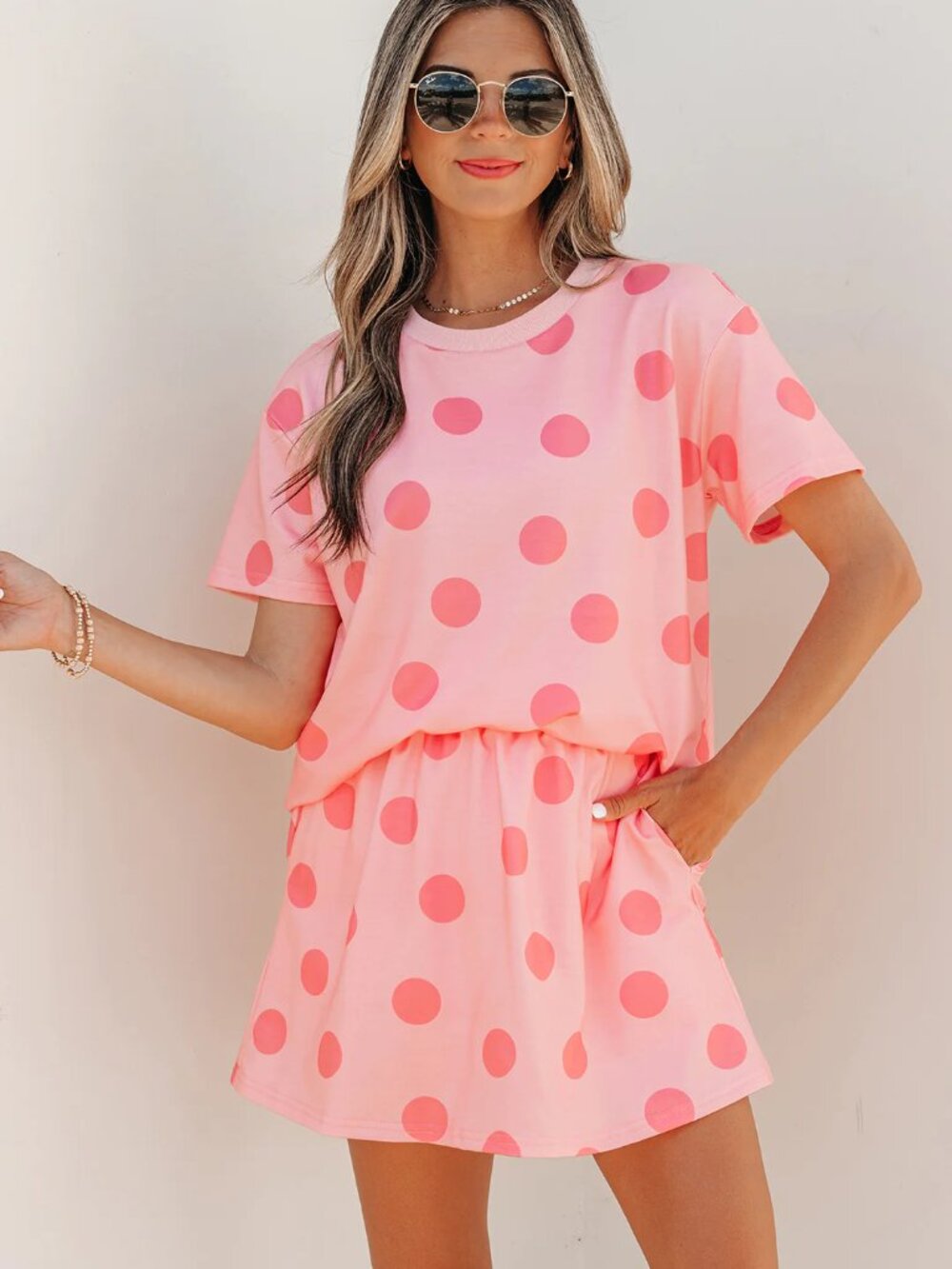 Pink Polka Dot Short Sleeve Top Casual Skort 2pcs Outfit